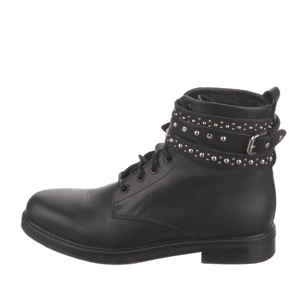 MAJE Flint Studded Ankle Wrap Black Leather Combat Boots